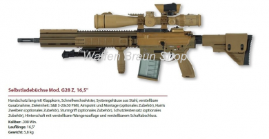 HK SLB G28 Z, Kal. .308 Win., sandfarben, m. ZF,	Rotpunkt, Zweibein, Sturmgriff, Schutzle 