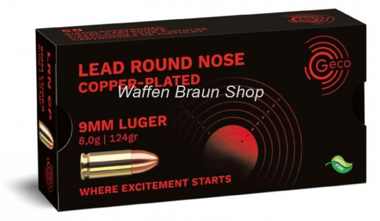 Geco 9mm Luger Blei Rundkopf verkupftert 8,0g 124 grain 50 Stück 
