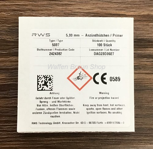 RWS Anzündhütchen für großkalibrige Pistolen- und Revolverpatronen, 5,33 mm, 5337 100 Stück 