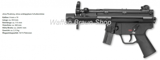 HK Pistole SP5K, Kal. 9 mm, ohne Picatinny-Adapter ohne umklappbare Schulterstütze 