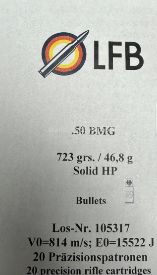 LFB .50 BMG mit Long Range Geschosse  Messing Solid HP 723 grain 20 Stück 